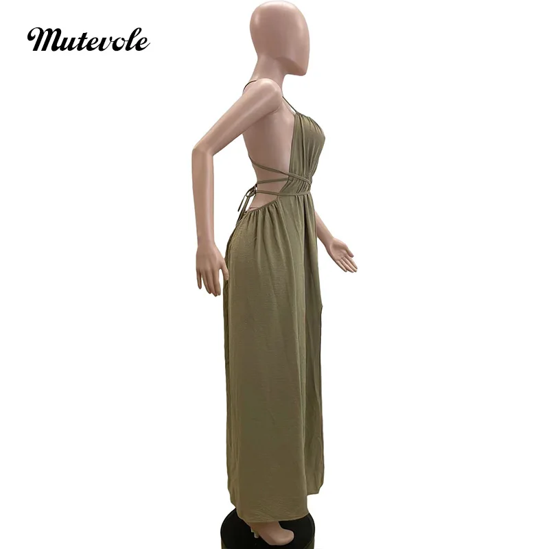 Mutevole Women Sexy High Split Backless Bandage Loose Cami Dress Spaghetti Strap Drawstring Long Dress