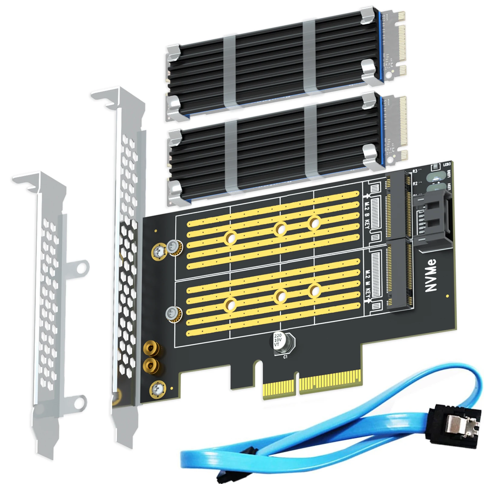 M.2 PCIe Adapter for One M.2 NVMe SSD and One M.2 SATA SSD, Including 2 Sets of M.2 Heatsink