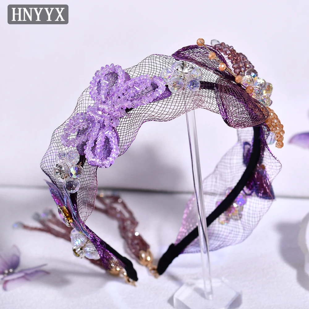 Hnyyx elegante cristal bandana borboleta flor argola de cabelo aba larga malha headpiece jóias de casamento acessórios para o cabelo a336
