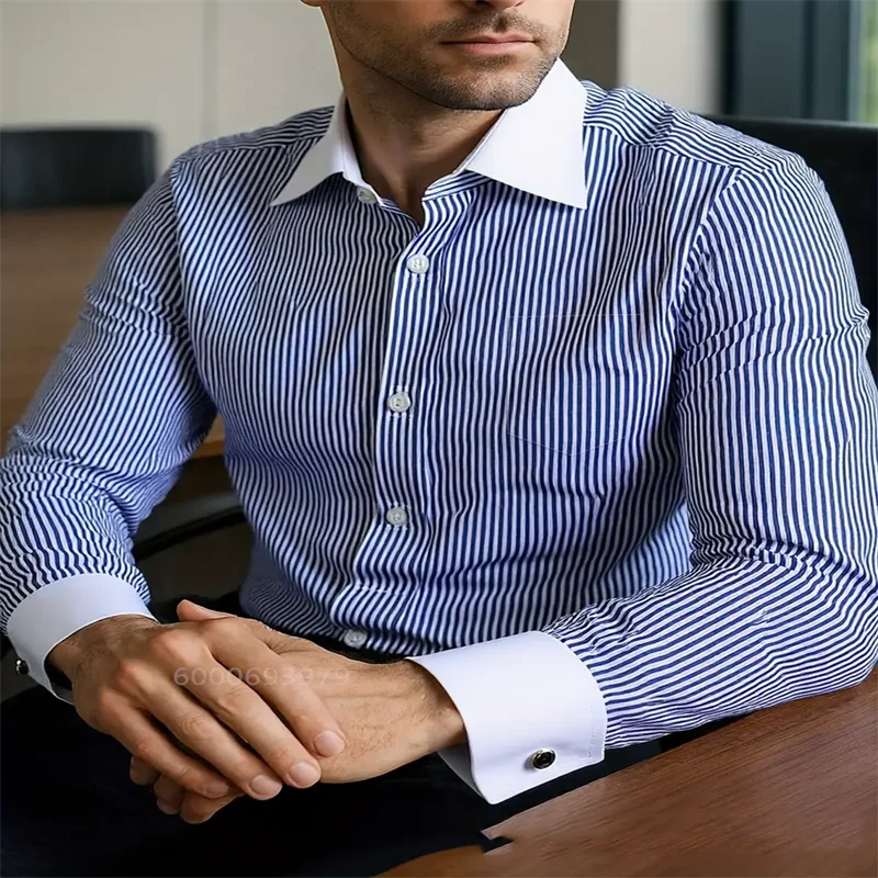 

2025 Men's Retro Casual Striped Shirt Social Formal Contrast Color British Style Long Sleeve Shirt Fast Delivery