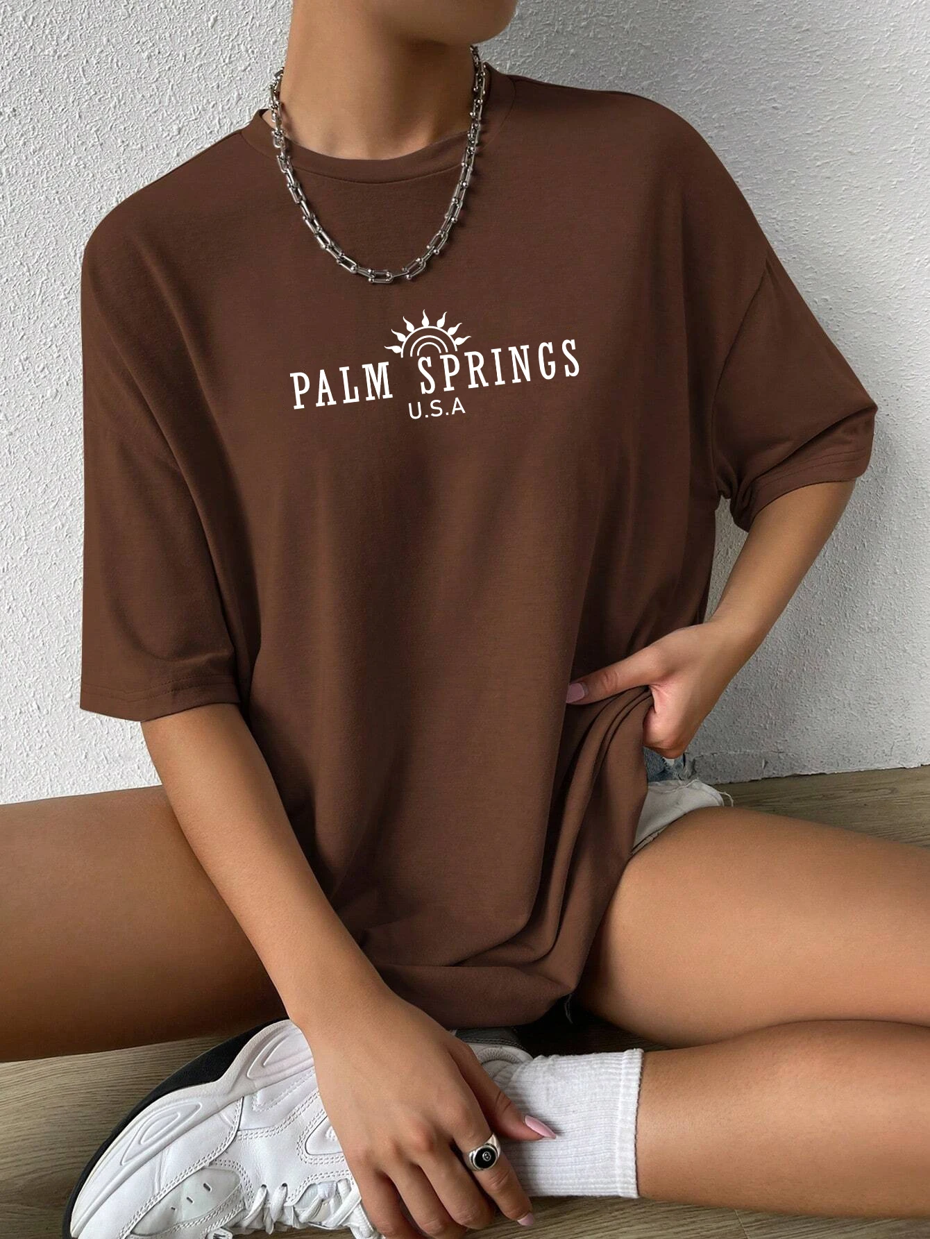 Palm Springs Brief Druck T-Shirts Für Frauen Casual Baumwolle Tops Mode Straße Kurzarm T Bequeme Lose Kleidung