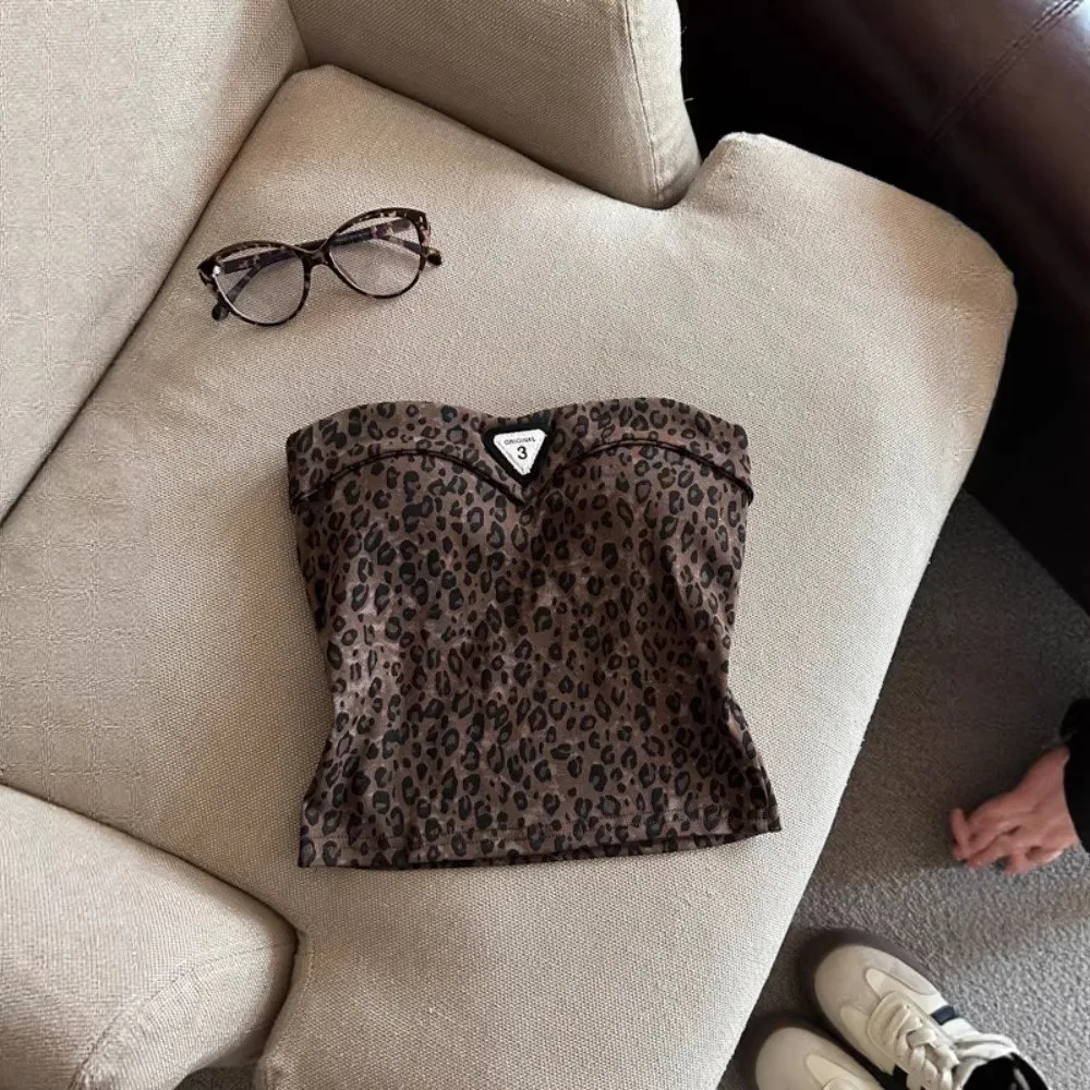 Retro Leopard Print Hottie Sexy Short Boob Tube Top Outerwear Chest Wrap Camouflage Strapless Top