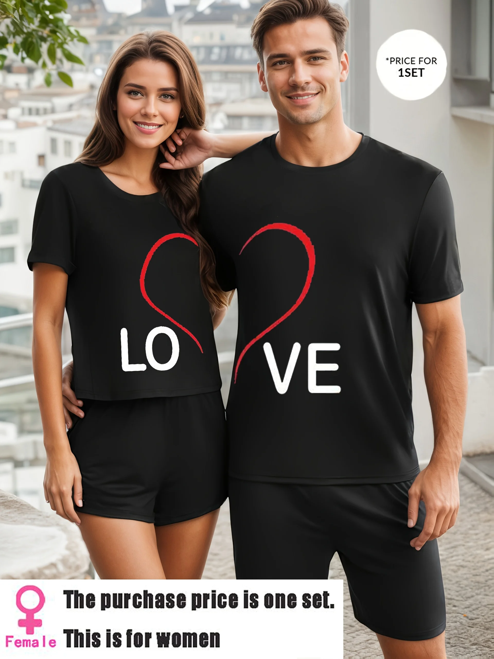 

1 piece men's or women's couple style, love letter printing round neck short-sleeved shorts set