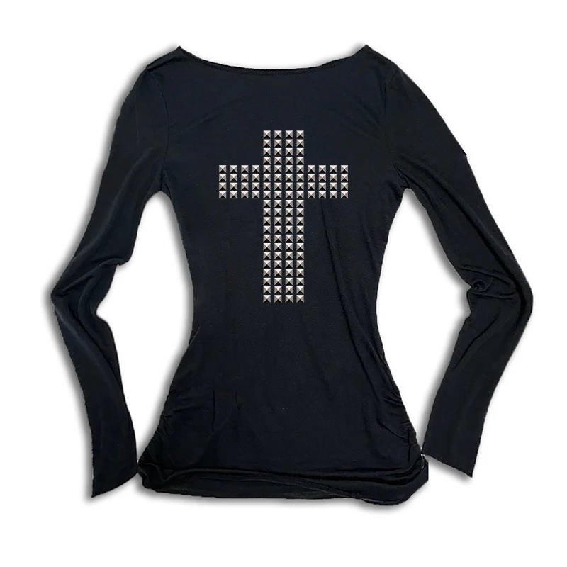 Y2K Harajuku-Camiseta gótica de manga larga para mujer, Top corto Sexy ajustado y elegante con estampado geométrico, ropa de calle Punk Rock Hip Hop Hottie