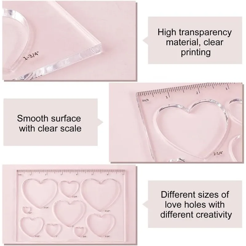 2pcs 9 in 1 Heart Inlay Template Router Stencils Template Acrylic Templates Drawing Scale Ruler Drawing Tool Measuring Tool