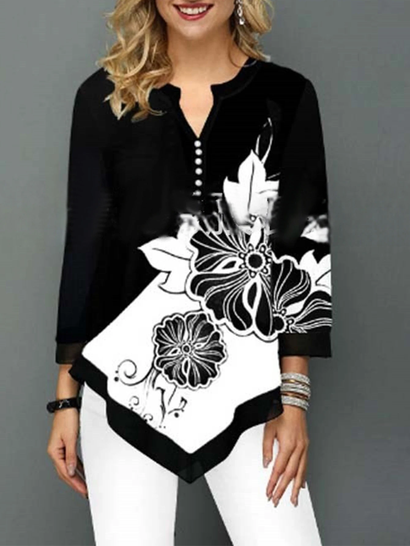 Dames herfst-T-shirts Chique gradiënt grafische print Lange mouw Half open kraag Knoop Basics Top voor vrijetijdskleding