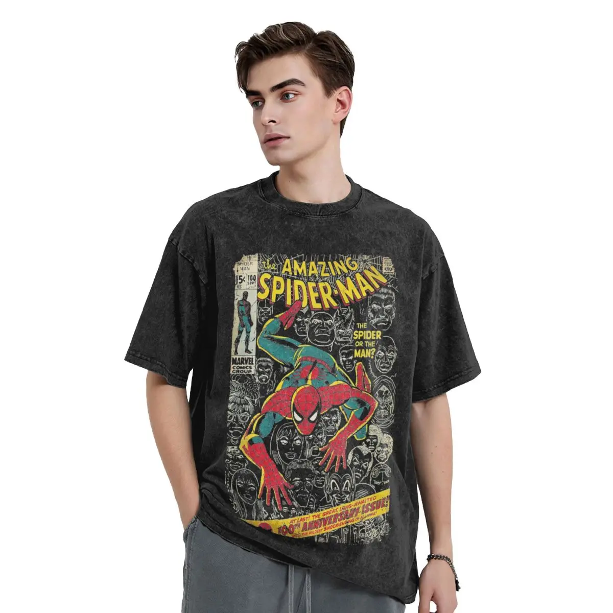 Spider-man Spiderman Comic Book Anniversary T Shirts Hip Hop Washed Street T-Shirts Vintage for Men Women Tops Streetwear Tees