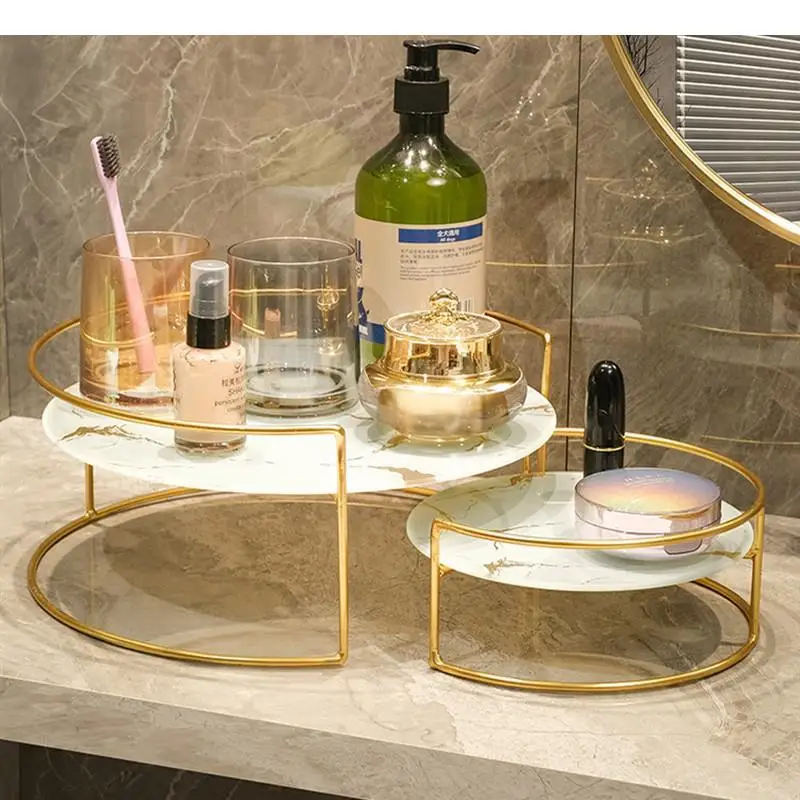 Metal Marbled Glass Tray 2-piece Set Decorative Storage Rack Desktop Organizer Cosmetic Shelf Display Stand Bathroom Shelves