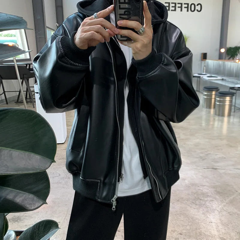 

Korean Style New Fashion Men's Black Solid Color Loose Simple Basic Casual Trendy Long Sleeve Spliced Hooded Faux Leather Coats