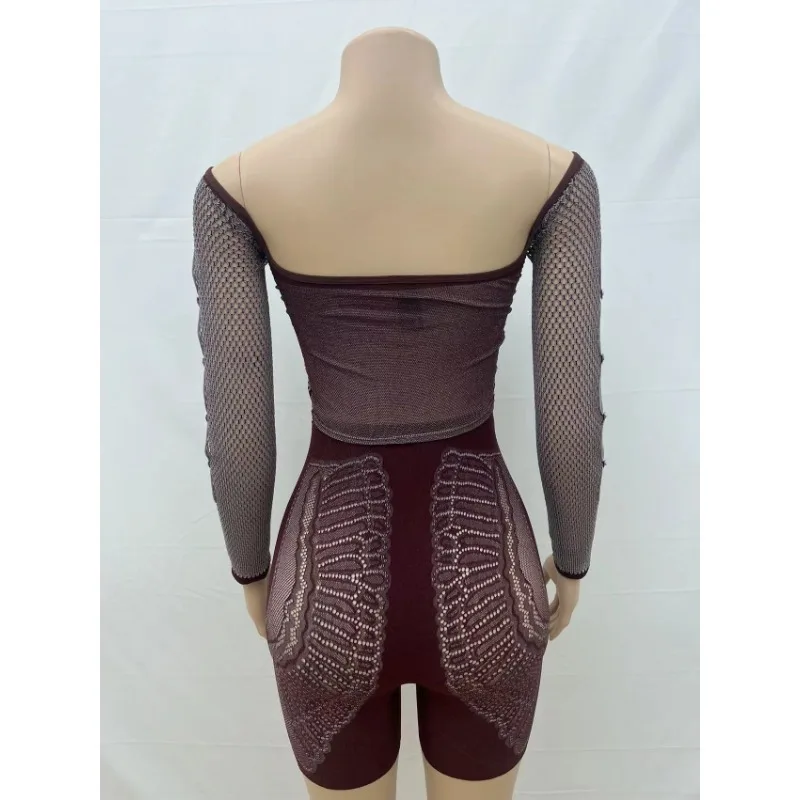 2024 Summer Knitted Patchwork Sheer 2 Piece Set Women Sexy Slash Neck Hollow Out Diamonds Crop Top Skinny Shorts Club Streetwear