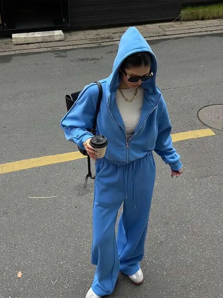Velvet Warm Long Sleeved Hooded Sweatshirt+high Waisted Casual Straight Leg Pants Two-piece Set For Women's Sweat Suit C3IO