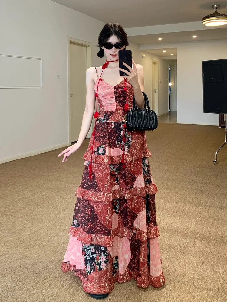 Elegância francesa emendado floral com decote em v sem mangas halter em camadas vestido feminino doce chique impressão praia férias estilo roupas de verão