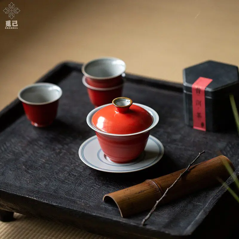 Coral Red Sancai Tea Vessel, Vintage Covered Ceramic Cup with an Easy Hold Heat Guard for Gongfu Brewing and Home Tea Tables