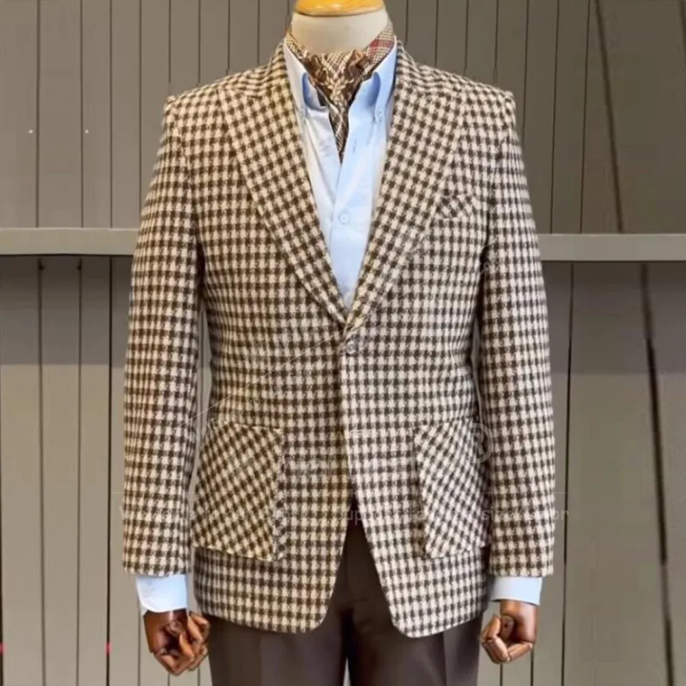 

Elegant Customized Suits Men 2 Piece Sets Classic Tweed Blend Houndstooth Plaid Jacket Pants Slim Fit Terno Masculinos Completo
