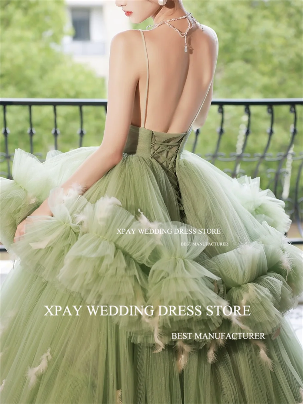 XPAY Luxury Sage Green Ball Gown Spaghetti Straps Korea Tiered Evening Dresses  Formal Prom Gown Photo Shoot Wedding Party Dress