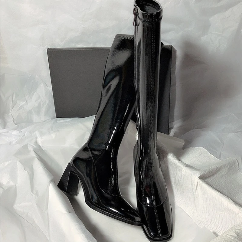 7CM Patent Leather High Heels Long Boots Women Autumn Square Toe Knee-high Botas Woman Side Zipper Thick Heeled Shoes Femme 39