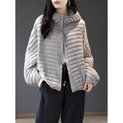 Women's Lightweight Down Cotton Jacket, Striped Loose Short Hooded Coat for Spring Autumn Winter, Casual Versatile Outerwear A42