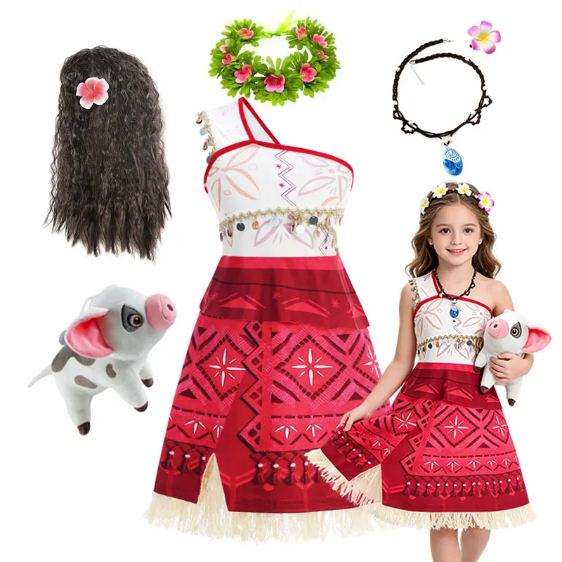 New Moana 2 Adventure Costume for Girls Princess Fancy Dress Children's Carnival Party Outfit with Necklace & Pig Accessory Set