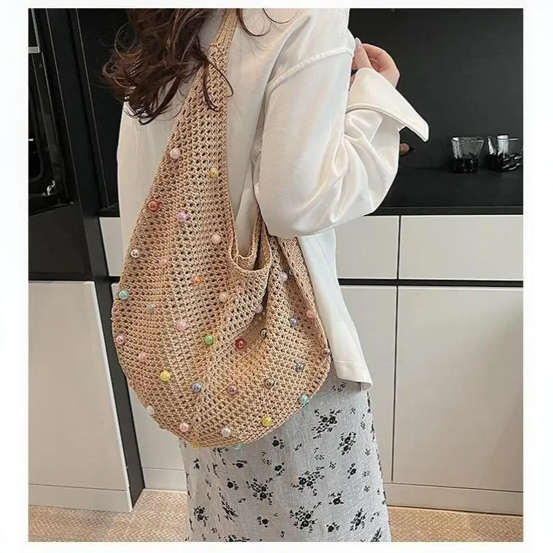 Women's Colorful Knitted Beach Bag Large Capacity Hollow Out Single Shoulder Tote for Summer Vacation Pool Trips