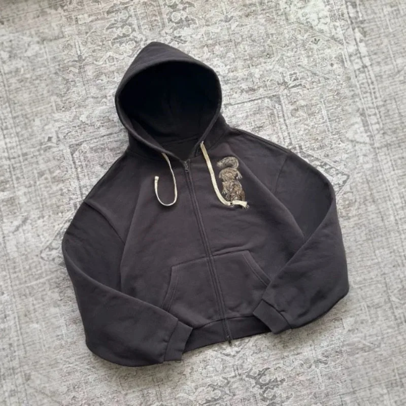 2026 New Retro Tiger Embroidered Zipper Hoodie Coat American Y2k Men's High Street Casual Loose Hoodie Jacket Streetwear