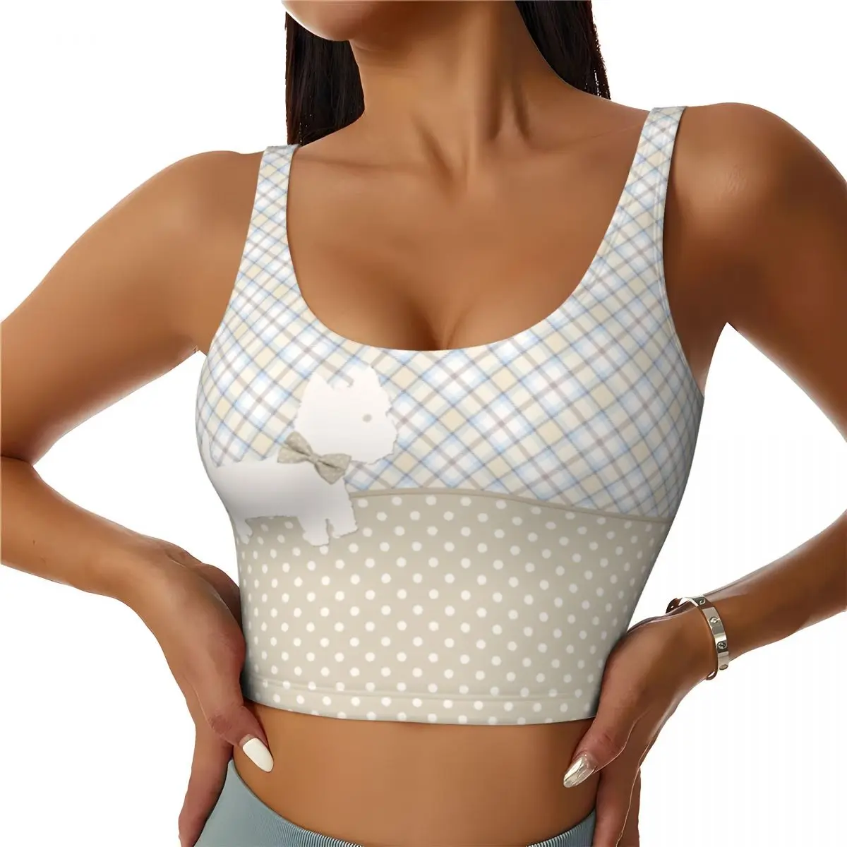 Custom High Impact Cartoon Westie Tartan And Polka Dots Sports Bra for  West Highland White Terrier Dog Gym Yoga Crop Top