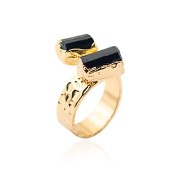 Irregular Black Tourmaline Open Ring for Women Girls Gold-color Double Side Raw Stone Finger Jewelry Resizable