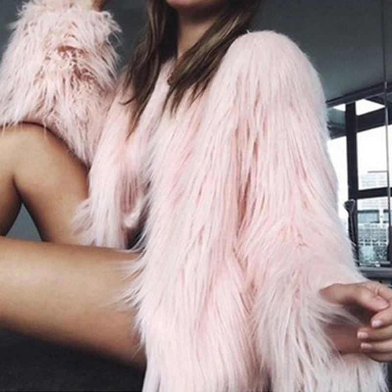 

Pop Nice Fashion Furry Faux Fur Coat for Women Winter Warm Long Sleeved Fluffy Outerwear Woman Pink Hairy Crop Jacket Laides