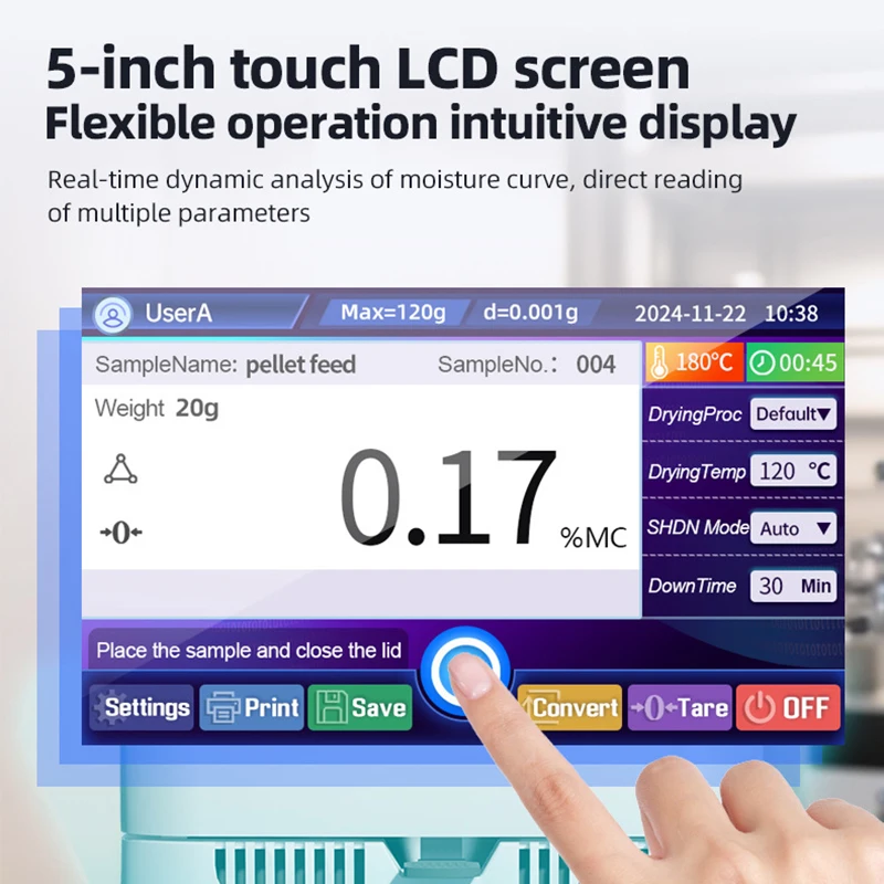 120 جرام مقياس الرطوبة الهالوجين محلل 5 بوصة تعمل باللمس البلاستيك الجسيمات التدفئة الهالوجين مقياس الرطوبة لتغذية الذرة الغذاء