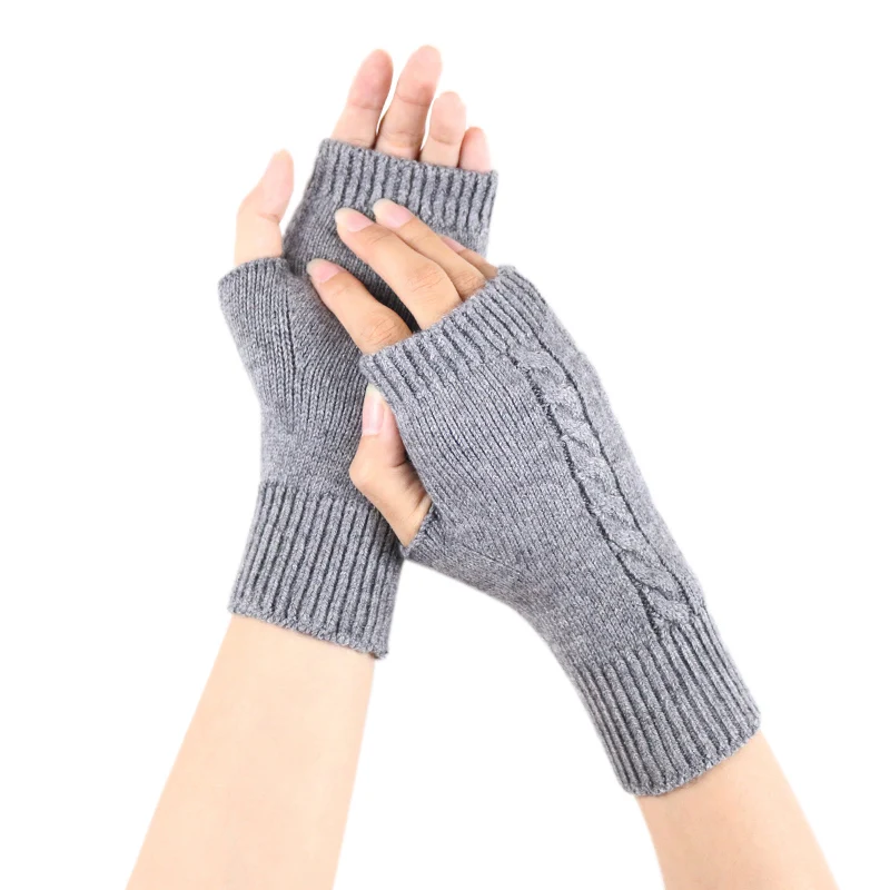 Sparsil Winter Knitted Cashmere Fingerless Gloves Woman Half Finger Twist Hand Arm Wrist Glove Thick Stretch Wool Mittens Warmer