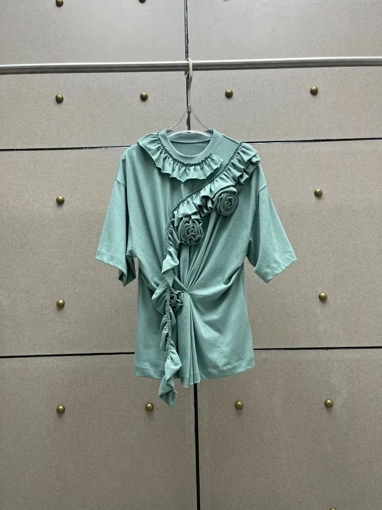 

High Quality Cotton Pullover Green Ruched Ruffles Short Sleeve Women T Shirt 2024 Spring Summer