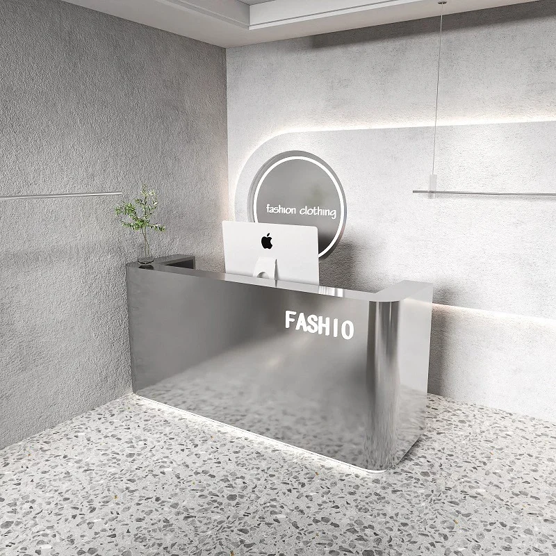 مخصص بوتيك مكتب الاستقبال مكتب صغير قائم الخروج الصناعية الجبهة الفولاذ المقاوم للصدأ الذهب أمين الصندوق بار الأثاث #4