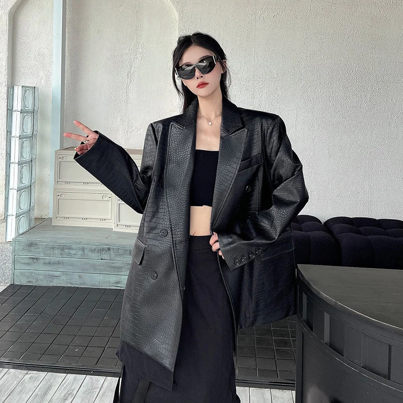 المرأة الجديدة عالية الجودة الأسود بولي Leather الجلود الحلل معطف ربيع الخريف الكورية مزاجه فضفاض الإناث لينة فو الجلود الدعاوى سترة