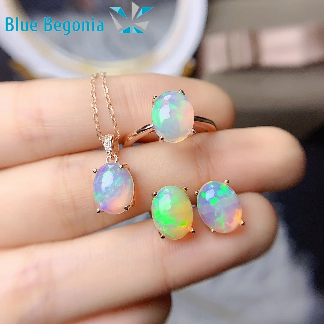 

Natural Opal Jewelry Set 925 Sterling Silver Ring Earring Pendant Necklace Exquisite Wedding Jewelry for Women 8*10mm Gemstone