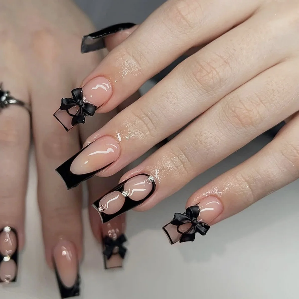 24pcs Black Edge Super Long French False Nail Acrylic Ballerina Fake Nails Press On Nails Square Nail Tips Professional Nail Art