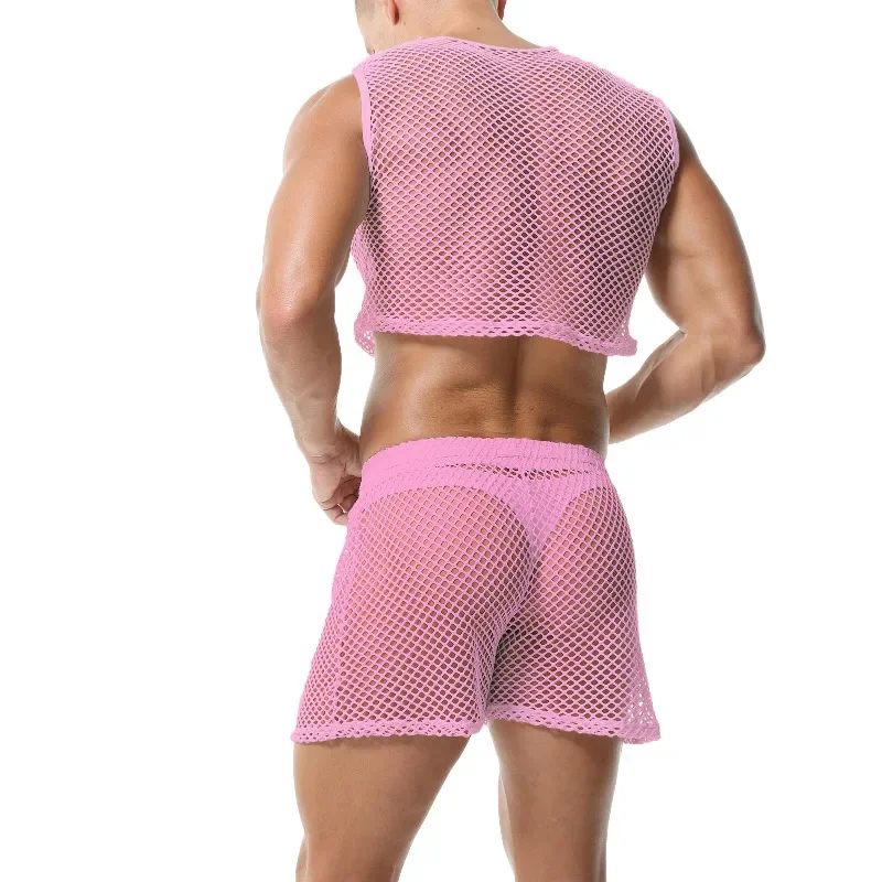 Mens Clothes Set Transparent Fishnet Crop Tops Sexy Mesh Hollow Out Tank Tops Mini Vest With Loose Shorts Male Dance Club Suit