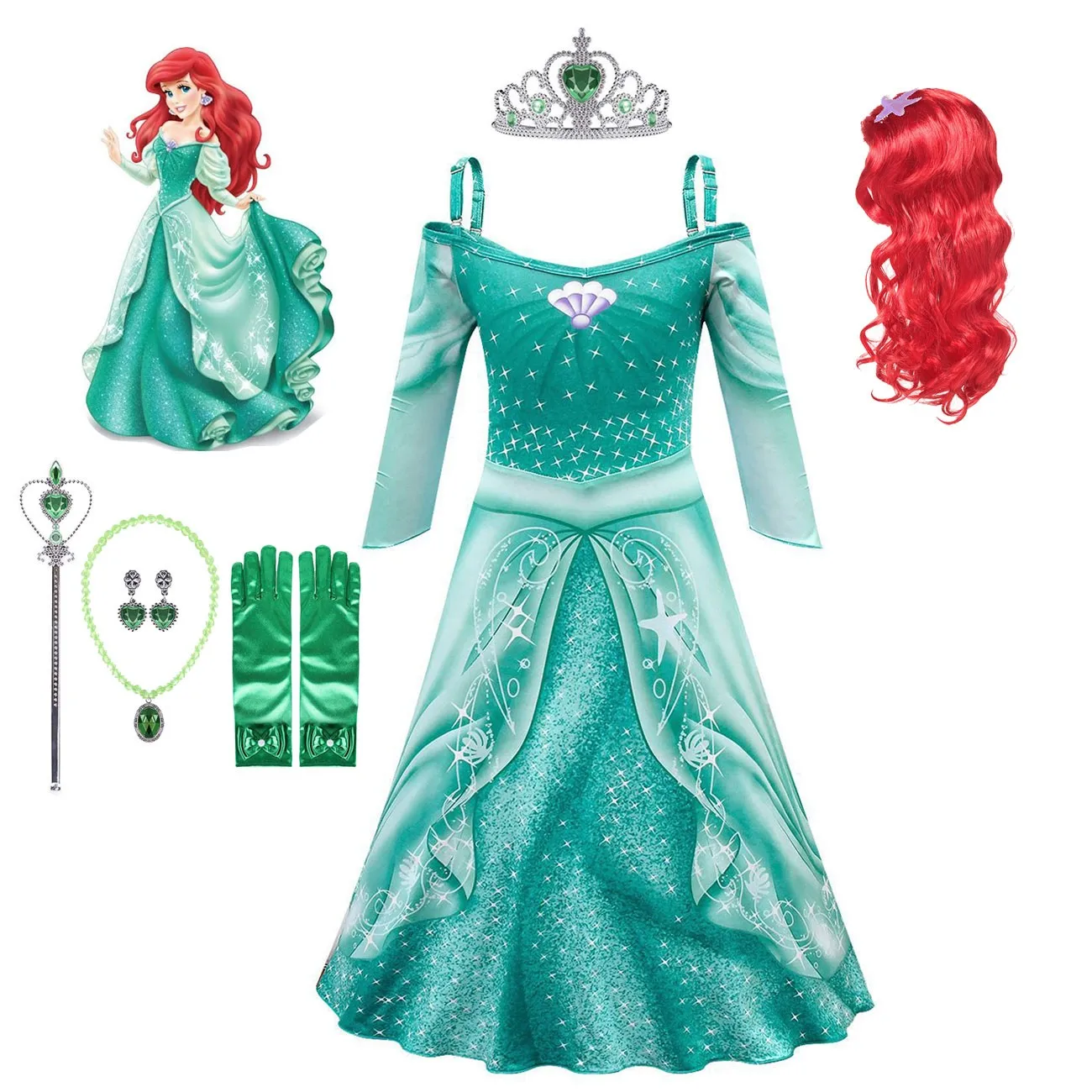 Mermaid Ariel Princess Girl Dress Cosplay Costumes with Wig Accessories Christmas Halloween Fancy Fantasia Girl Party Prom Dress