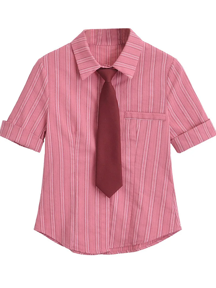 

College Style Sweet Student Short Sleeved Striped Slim Fit Shirt For Women 2024 Summer New Polo Collar Waist Cinching Top DWEY