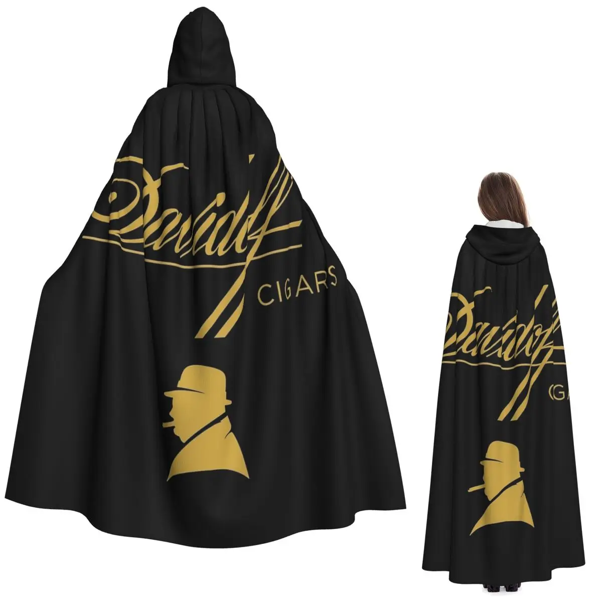 Davidoff Cigars Black Long Hooded Cloak Witch Medieval Costume Cosplay Cape HalloweenCoat Adult Unisex