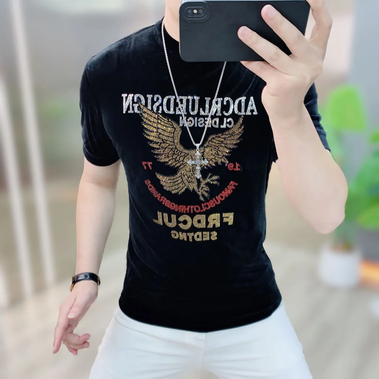 

Мужская футболка с круглым вырезом из вельвета, модная, приталенная, эластичная, с коротким рукавом, с термотрансферным принтом орла, повседневный топ для осени