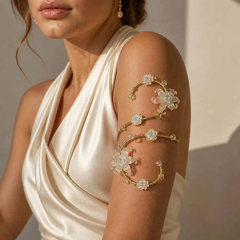 Elegant Handmade Upper Arm Bracelet Gold Wire Wrapped No Piercing Floral Arm Band Adjustable Statement Arm Jewelry Women