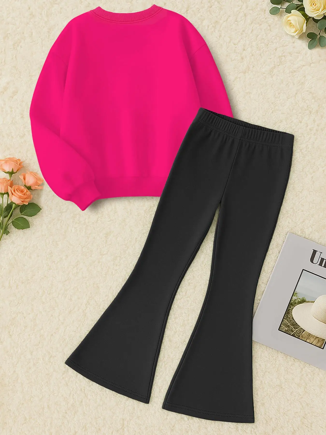 Herbst-Outfit für Mädchen: Langarm-Sweatshirt + Schlaghose, zweiteiliges Set mit Capybara-Print, rosa und rosarote Kleidung, modisch und süß, geeignet für Mädchen im Alter von 4-12 Jahren – Detail 3