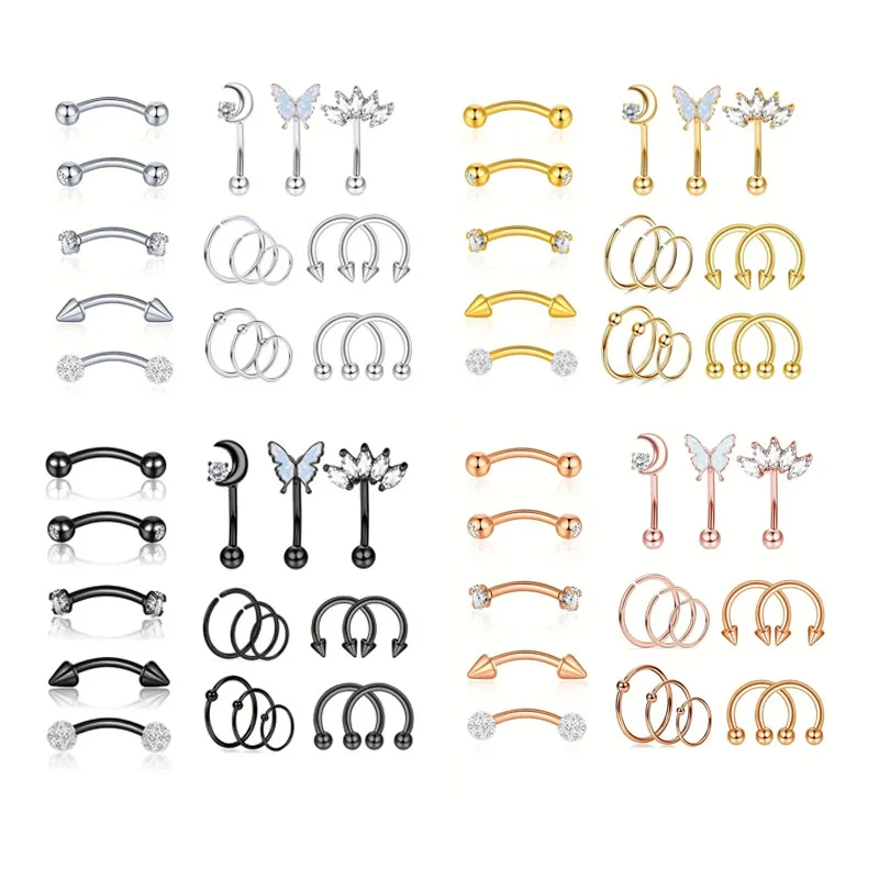 18 Stück 14K vergoldete schwarze Augenbrauenringe Hoop Ring Set Edelstahl gebogene Langhantel Piercing Schmuckset Halloween Dekor