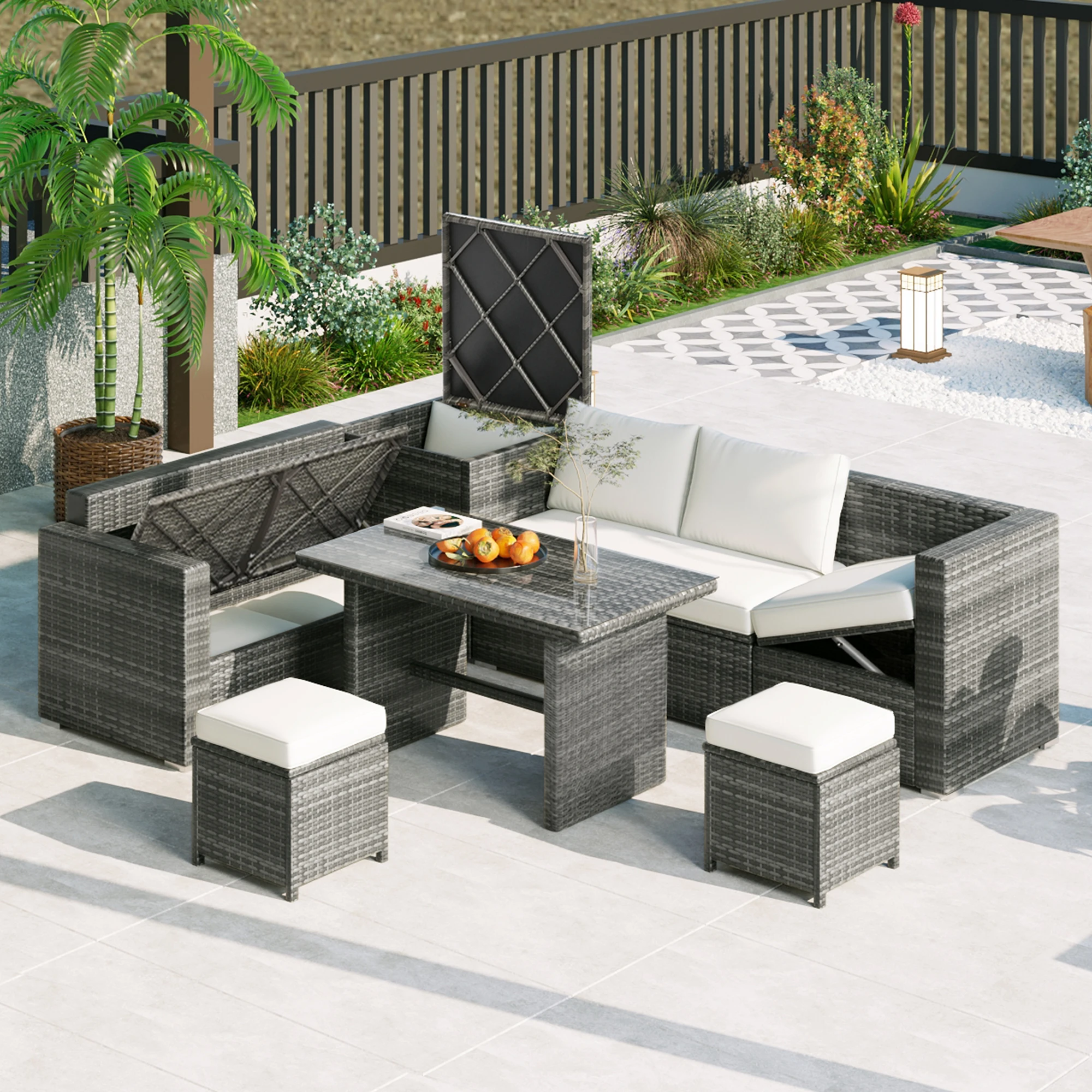 Outdoor 6-Piece All Weather PE Rattan Sofa Set Garden Patio Sectional Adjustable Seat Storage Box Removable Covers Tempered