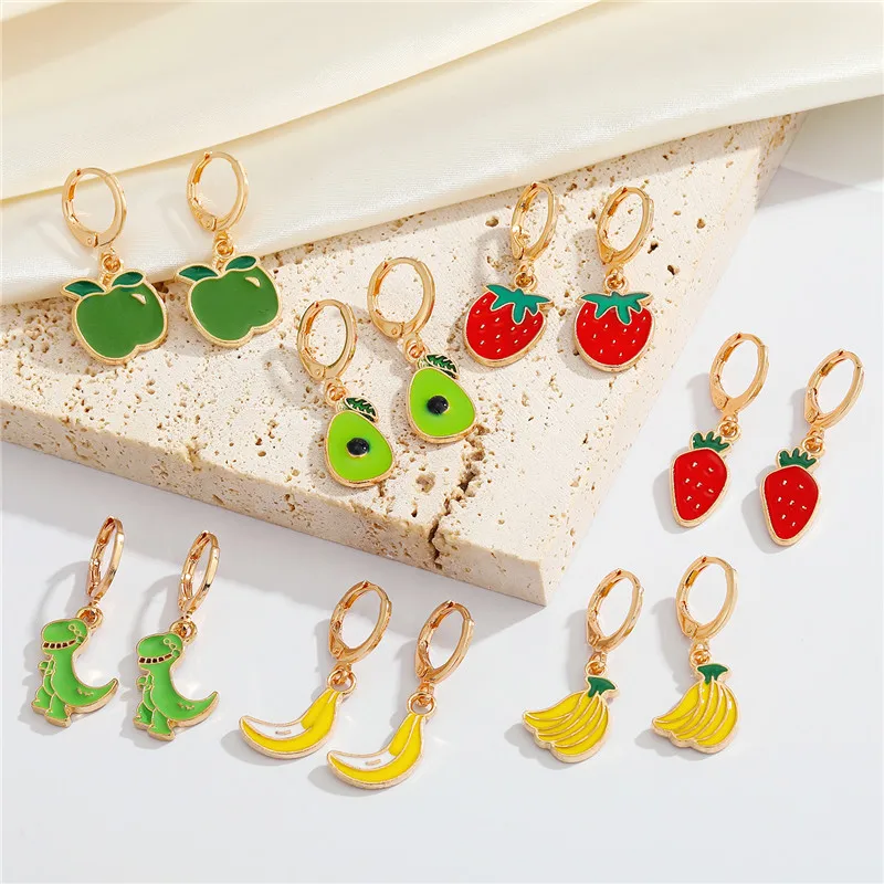 Dinosaur Strawberry Animal Fruit Hoop Earrings For Women Gift Jewelry Trendy Apple Banana Avocado Food Circle Earring E783