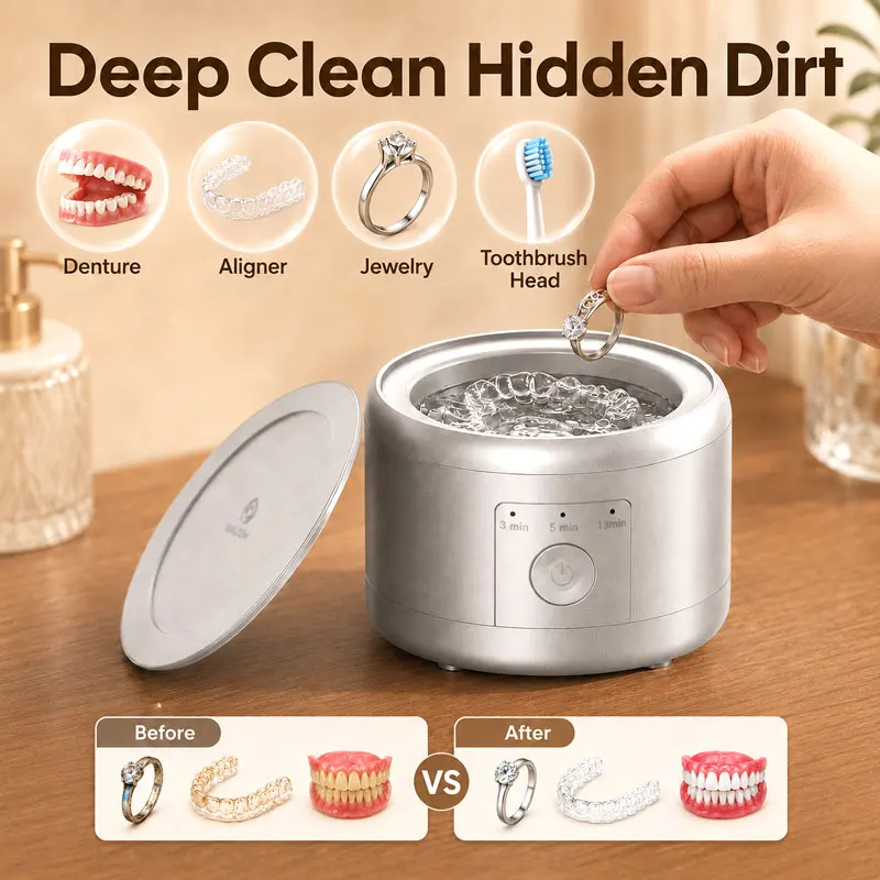 50KHz Sonic Braces & Jewelry Cleaner, USB Rechargeable Multi-Function for Orthodontic Retainers, Dentures, High Frequency