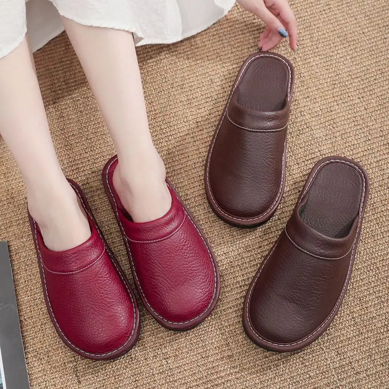 Home Leather Slippers Men and Women Spring 2024 New Non-slip Waterproof Floor Shoes Anti-odor Soft Sole Males Indoor Slides view 5