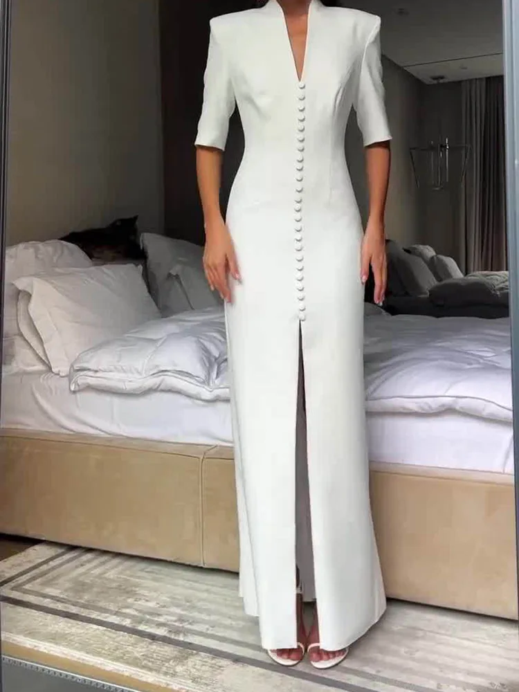 Robe d'été longue pour femmes, élégante, simple boutonnage, col en v, boucle fendue, Slim, moulante, queue de poisson