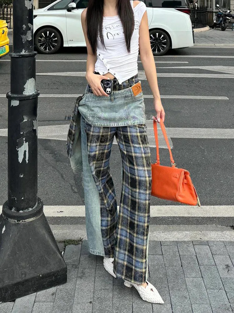 Design sense detachable waist jeans autum winter new style French grid splicing floor length pants 2025 New