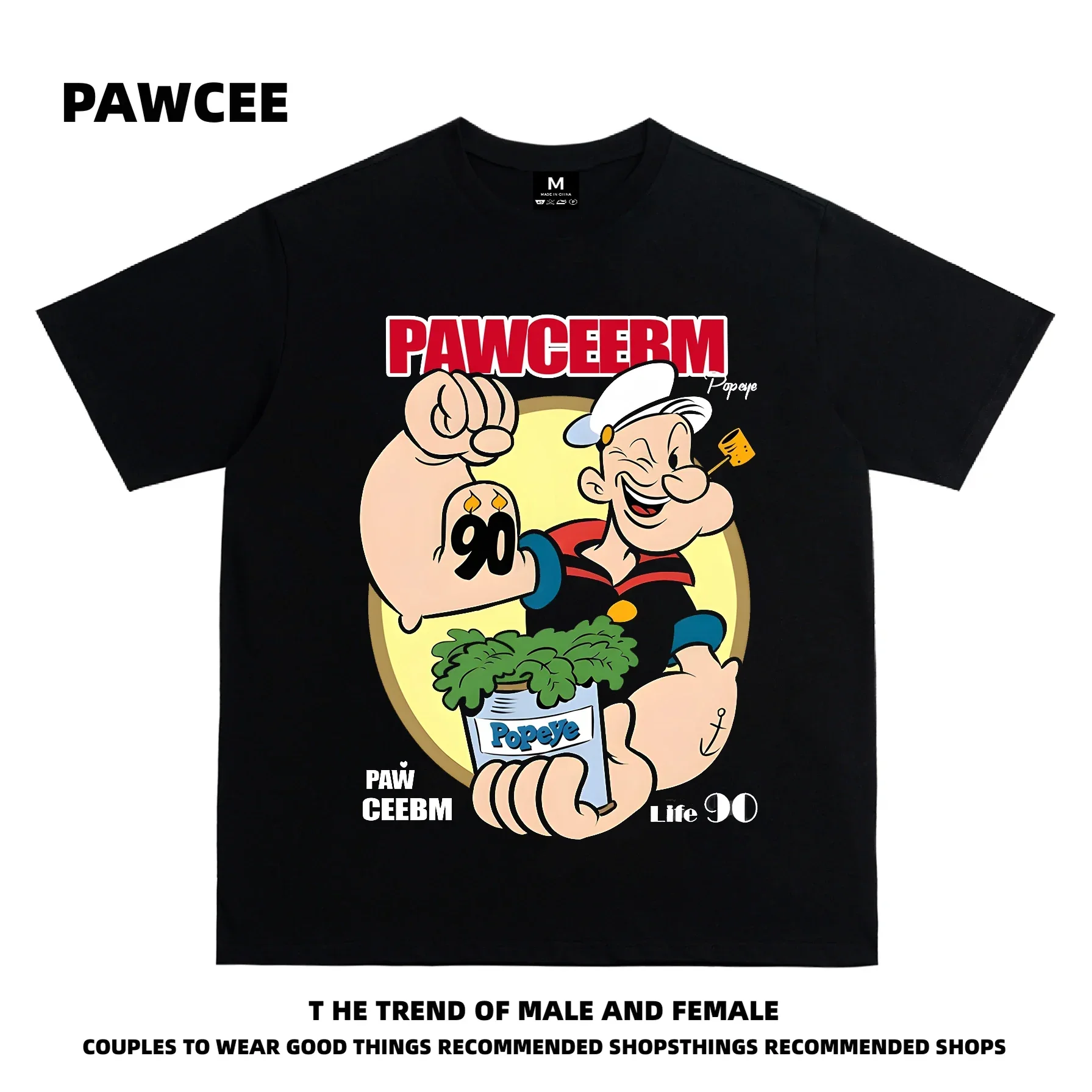 Summer American China-Chic Cartoon Popeye Fashion Brand Short Sleeve T-shirt Men's and Women's Loose Versatile Couple Top