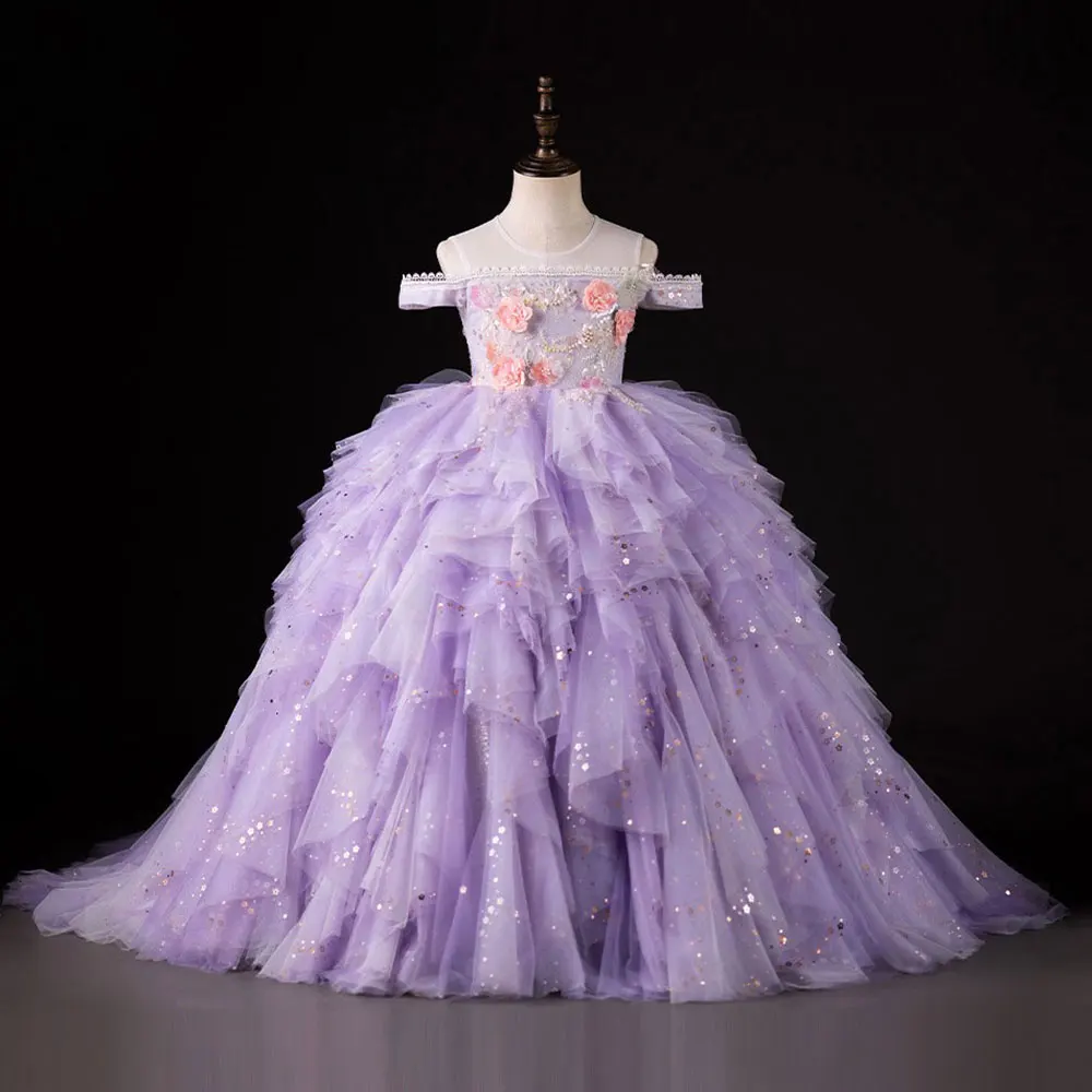 

Jill Wish Luxury Dubai Lilac Flower Girl Dress Pearls Princess Kids Wedding Birthday Party Ball Gown Holy Communion 2025 J230